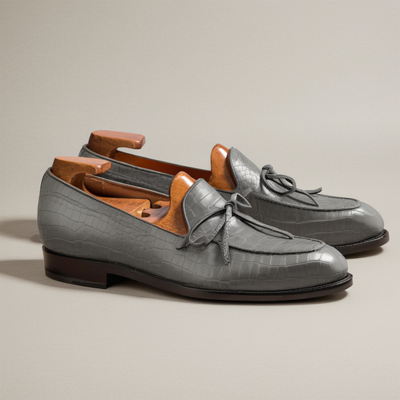 Grey Croc Print Leather Leather Yukon Loafers