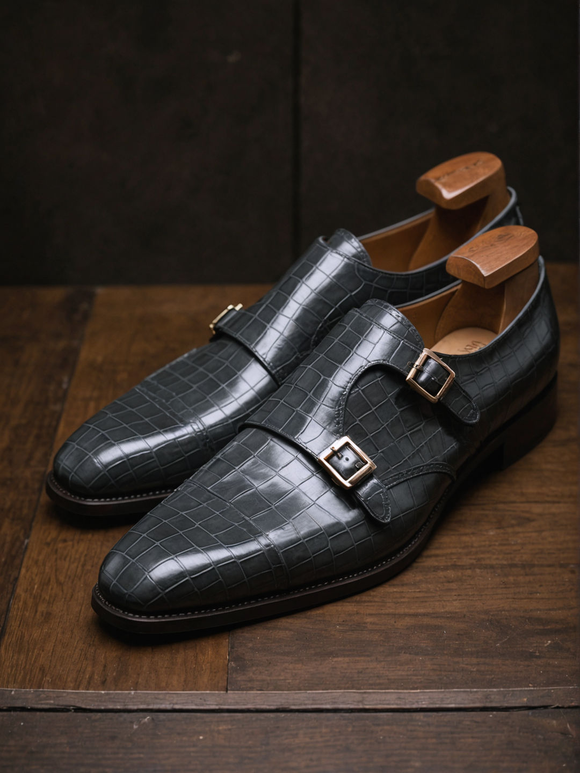 Grey Croc Print Leather Lysander Toe Cap Monk Straps