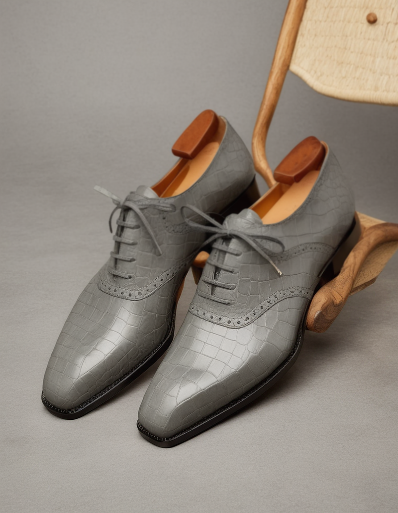 Grey Croc Print Leather Peruni Brogue Oxfords - Formal Shoes