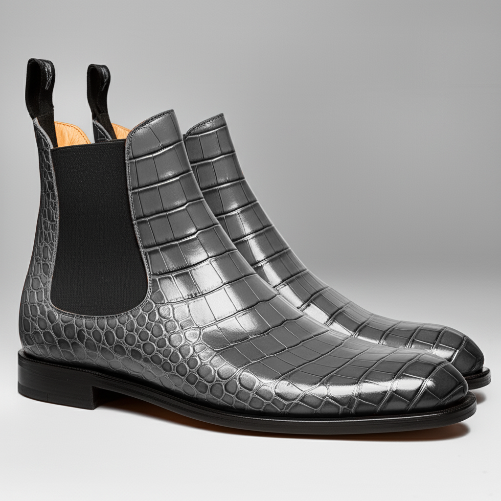 Grey Croc Print Leather Celso Chelsea Boot