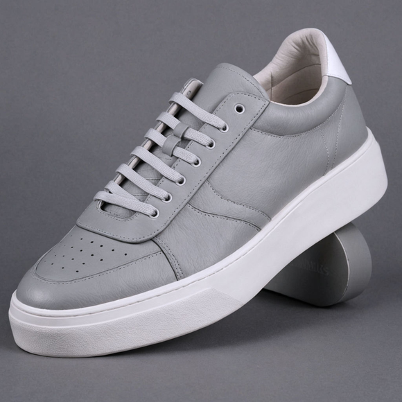 Grey & White Leather Street Sprint Lace-Up Sneakers with White Sole - Summer 2024 Collection