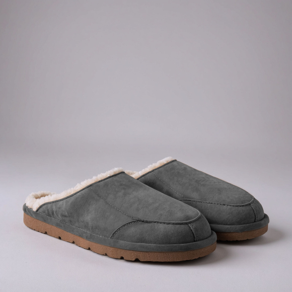 Grey Suede Leather Eliana Fur Lined Slippers