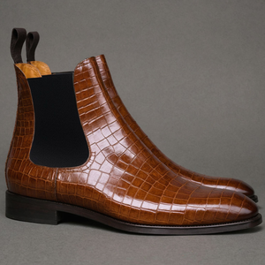 Flat Feet Shoes - Brown Croc Print Leather Fenland Slip On Chelsea Boots with Arch Support