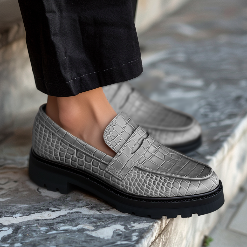 Grey Croc Print Leather Aristide With Thick Sole Loafers