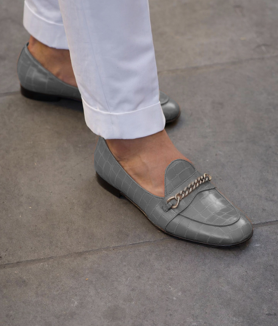 Grey Croc Print Leather Guida Loafers With Chain