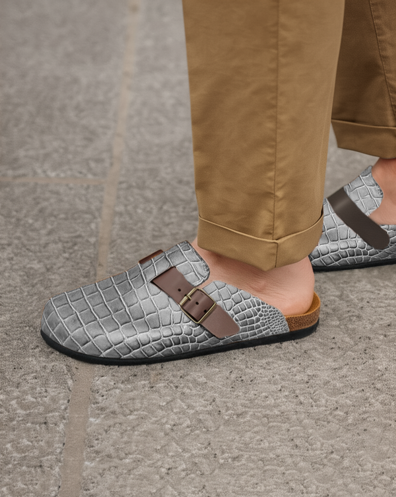 Grey Croc Print Leather Pedestal Platforms Clogs - Summer 2024 Collection