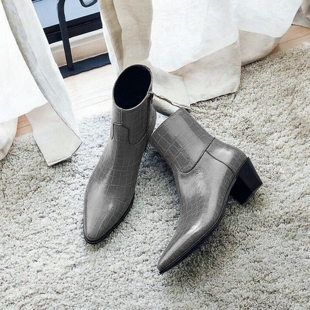 Grey Croc Print Leather Fiorina Slip On Zipper Pointed Boots for Men - AW24