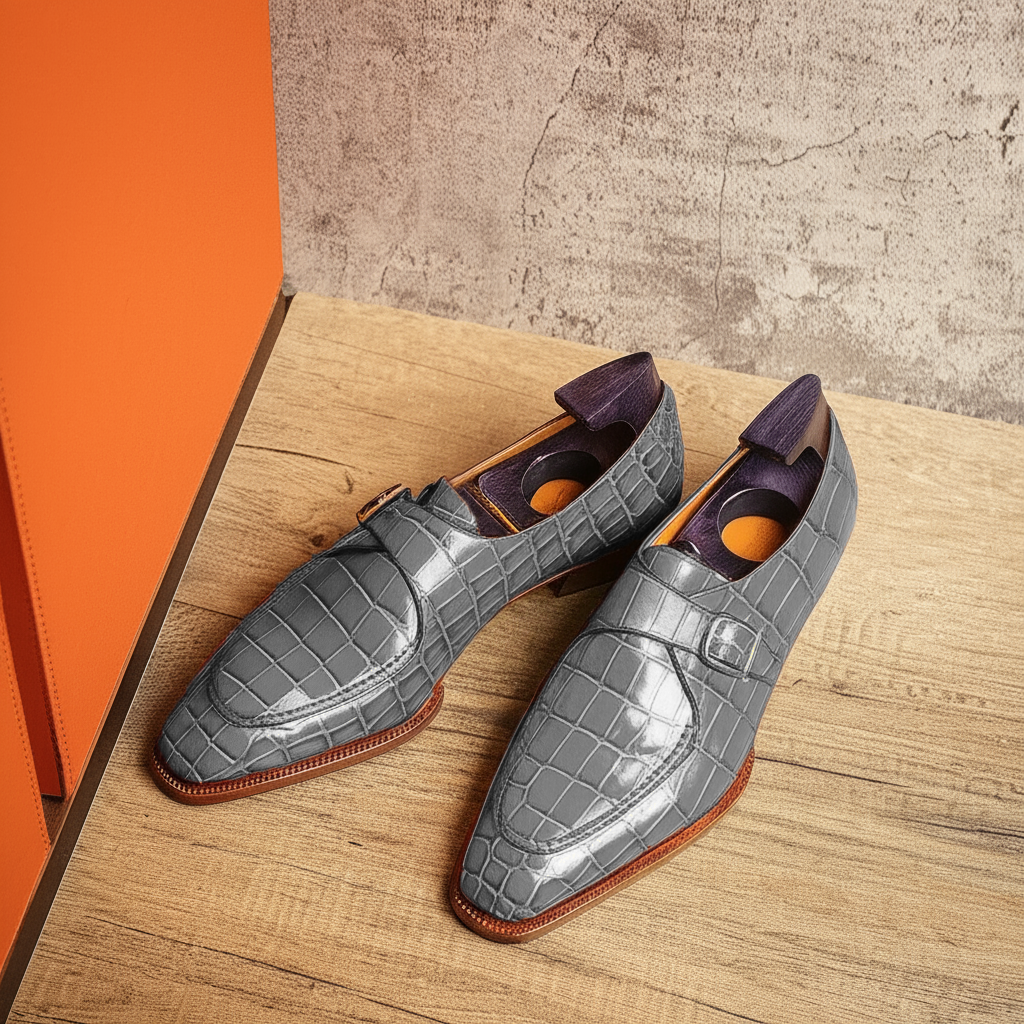 Grey Croc Print Leather Algarve Single Monk Straps - AW24