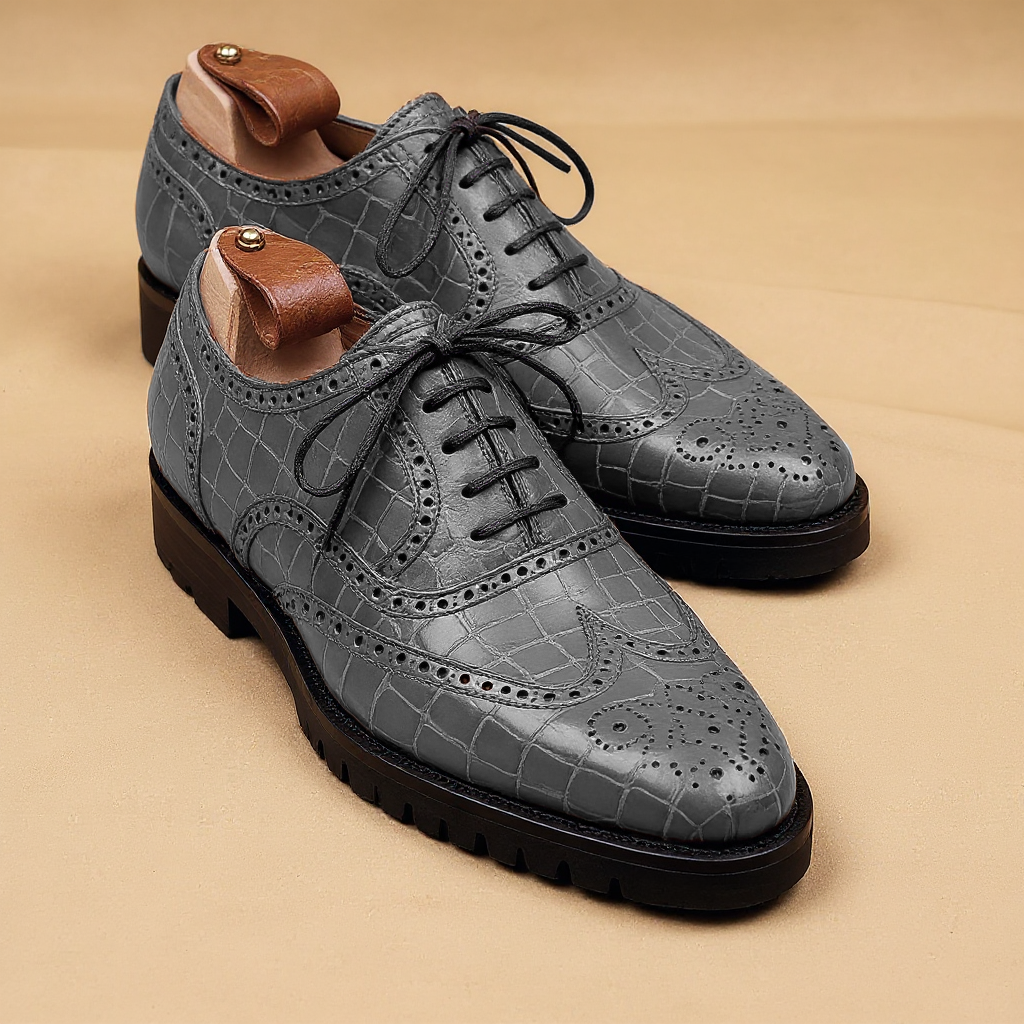 Grey Croc Print Leather Rene Brogue Chunky Oxfords Shoes WORK EDITION