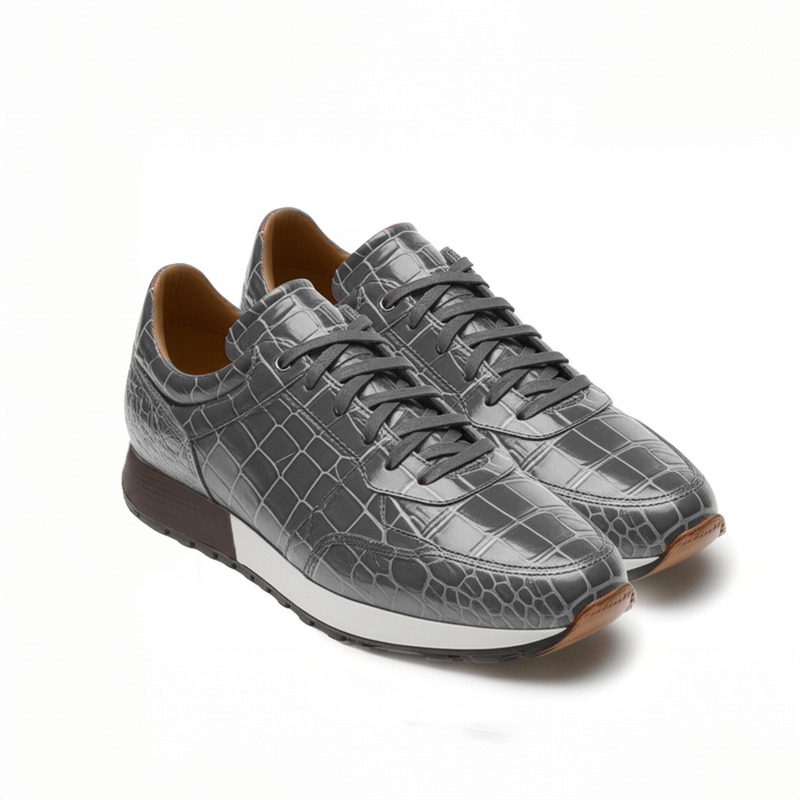 Grey Croc Print Leather Nausori Lace Up Running Sneaker Shoes