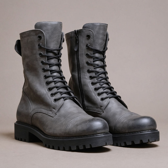 Grey Leather Oriella Lace Up Chunky Derby Boots with Zipper and Track Sole - AW24 - Hiking and Trekking Boots