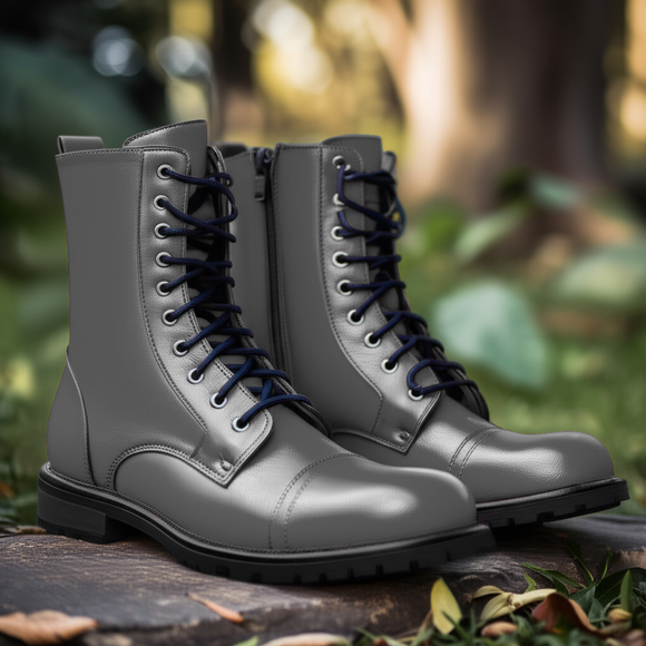Grey Leather Belinda Chunky Hiking Combat Lace Up Zipper Boots
