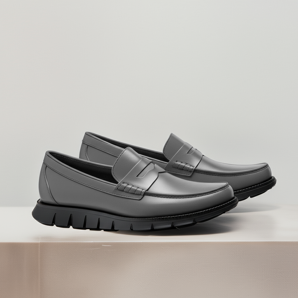 Grey Leather Evarado Penny Loafers with Black Hybrid Sole - SS23