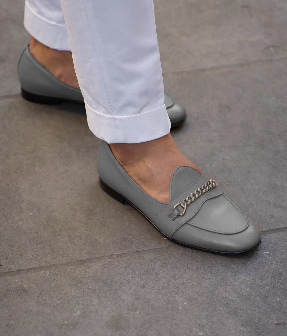 Grey Leather Guida Loafers With Chain