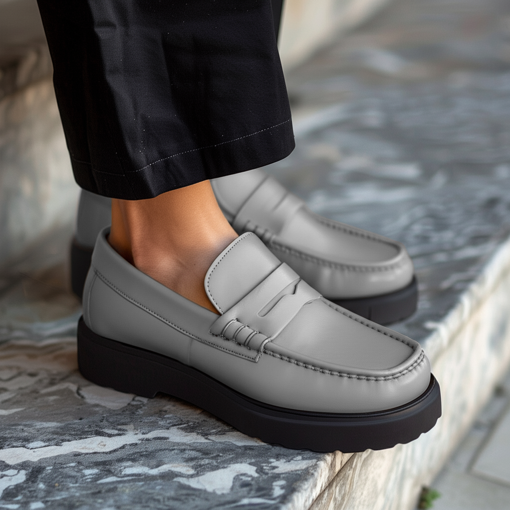 Grey Leather Aristide With Thick Sole Loafers