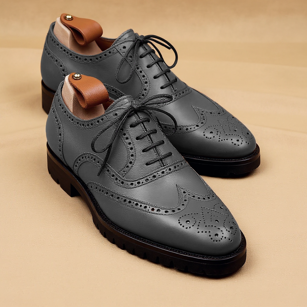 Grey Leather Rene Brogue Chunky Oxfords Shoes WORK EDITION