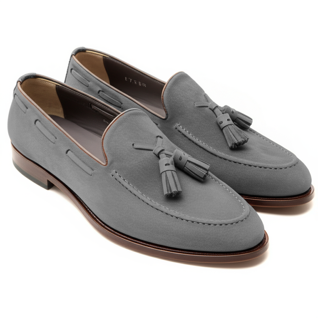 Grey Suede Leather Barbican Tassel Loafers
