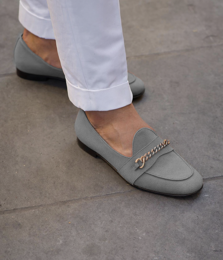 Grey Suede Leather Guida Loafers With Chain