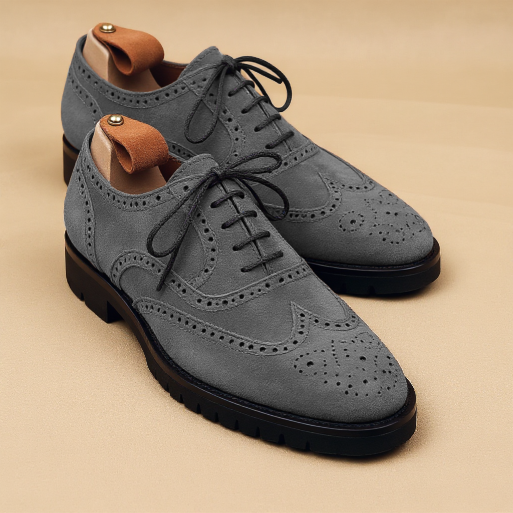 Grey Suede Leather Rene Brogue Chunky Oxfords Shoes WORK EDITION
