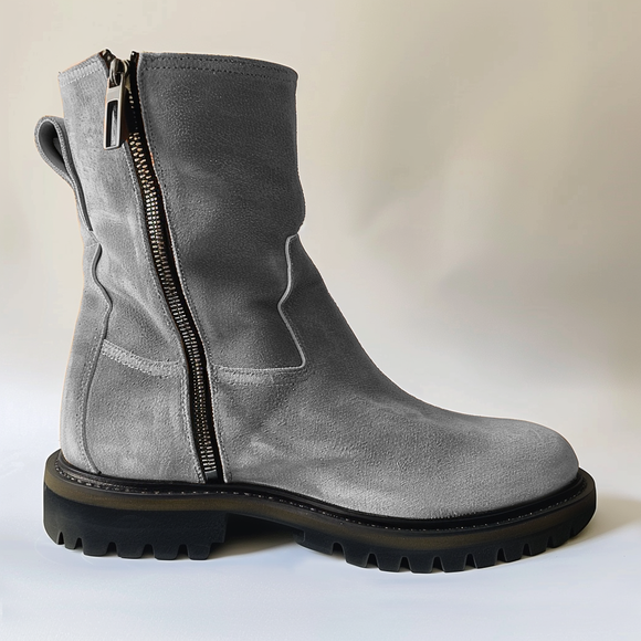 Grey Suede Leather Massimiliano With Thick Sole Zipper Boots