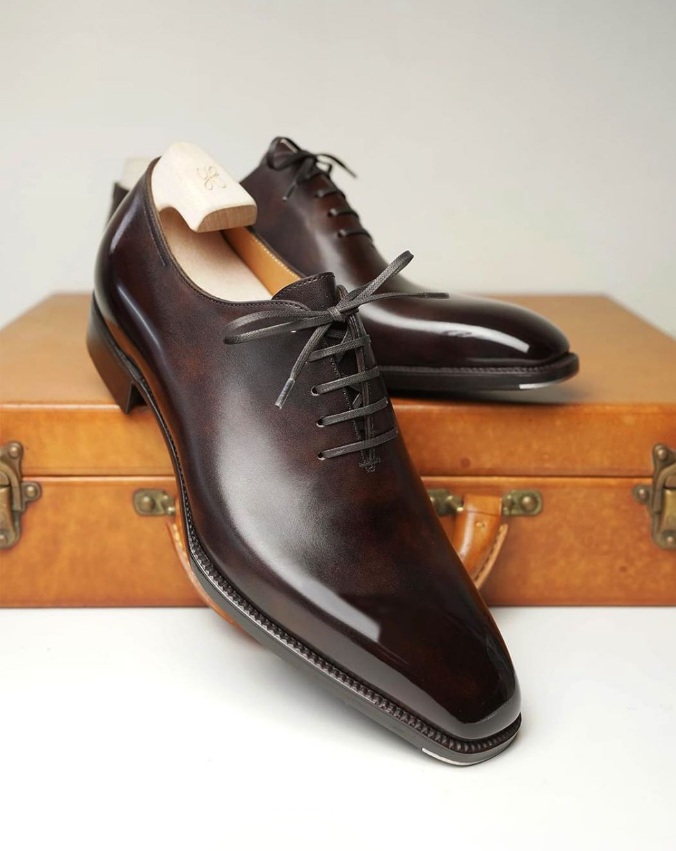Height Increasing Brown Leather Lorcin Whole Cut Oxford Shoes