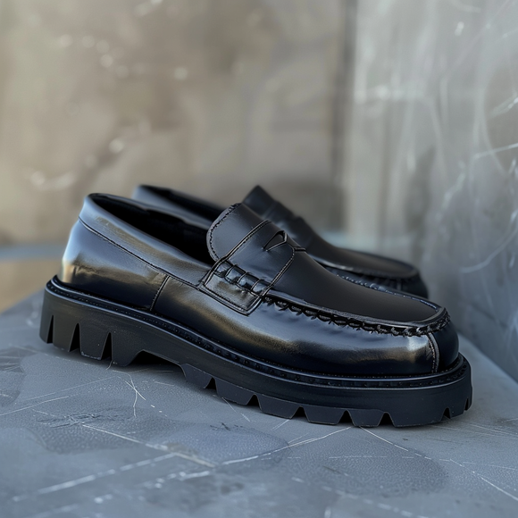 Black Leather Armando With Thick Sole Loafers