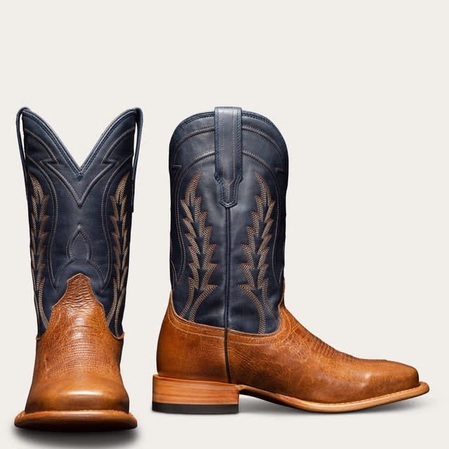 Tan and Navy Blue Leather Bartlett Slip On Western Cowboy Boots