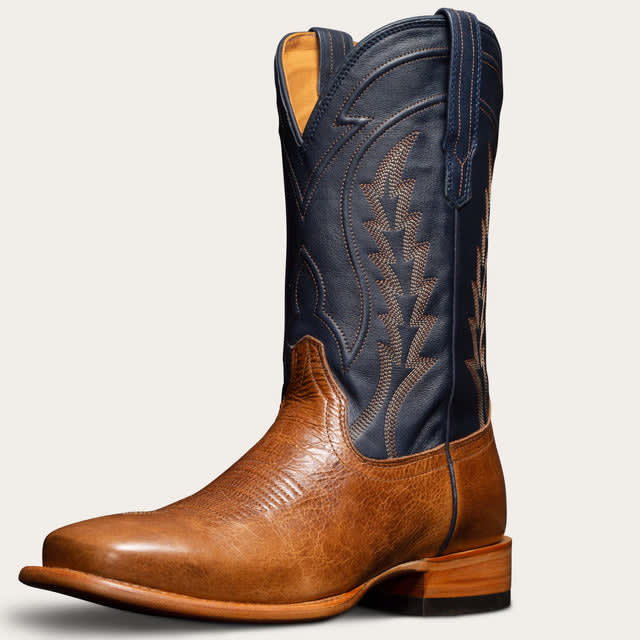 Tan and Navy Blue Leather Bartlett Slip On Western Cowboy Boots