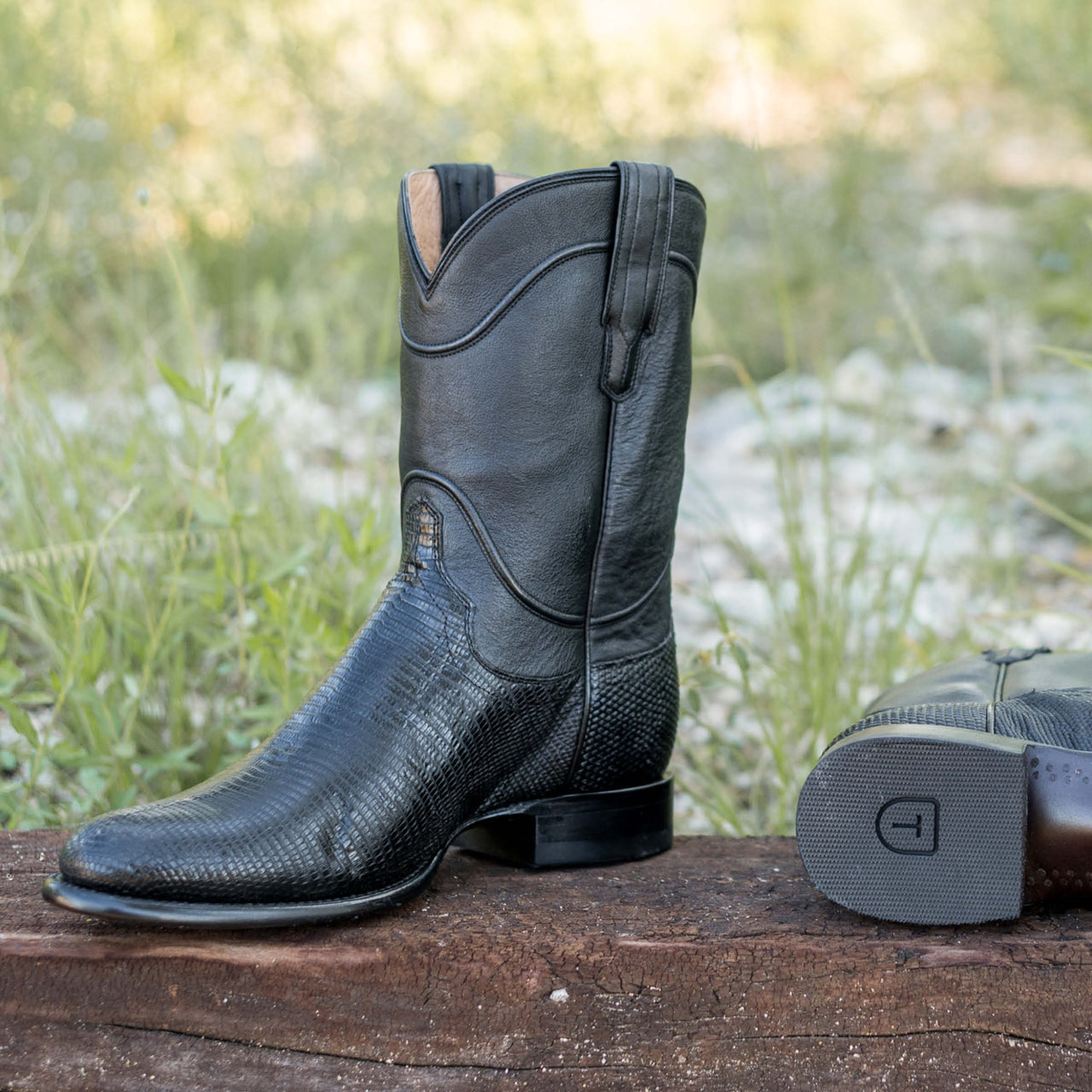 Black Lizard Print Leather Fairkart Slip On Western Cowboy Boots