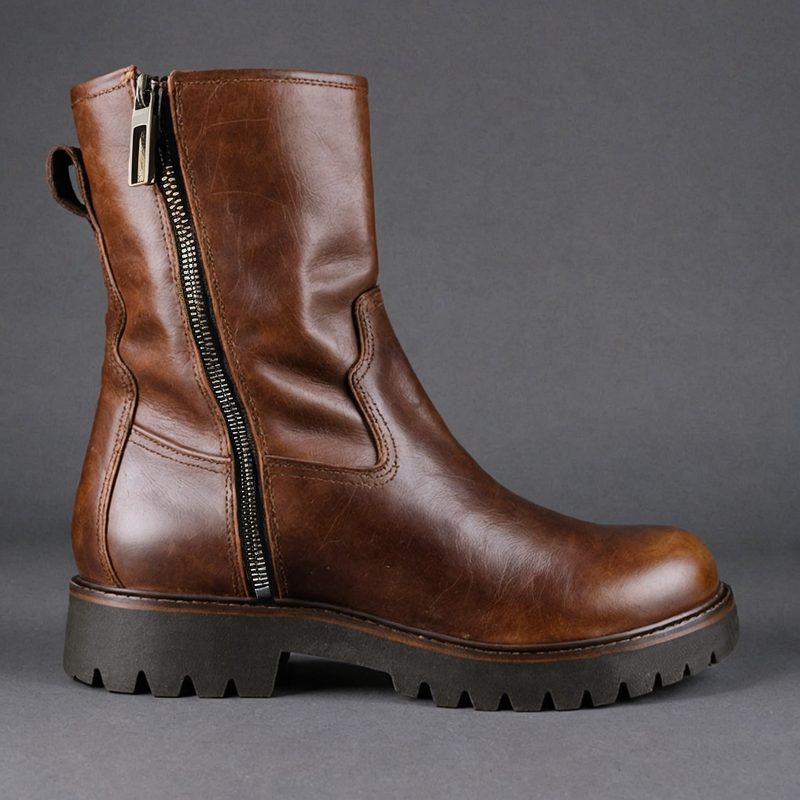 Brown Leather Massimiliano With Thick Sole Zipper Boots