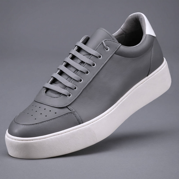 Grey & White Leather Street Sprint Lace-Up Sneakers with White Sole - Summer 2024 Collection