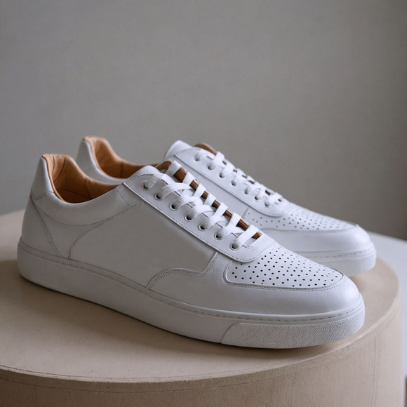 White Leather Lace Up Sneakers  with White Sole - Summer 2024 Collection