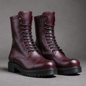 Maroon Leather Oriella Lace Up Chunky Derby Boots with Zipper and Track Sole - AW24 - Hiking and Trekking Boots