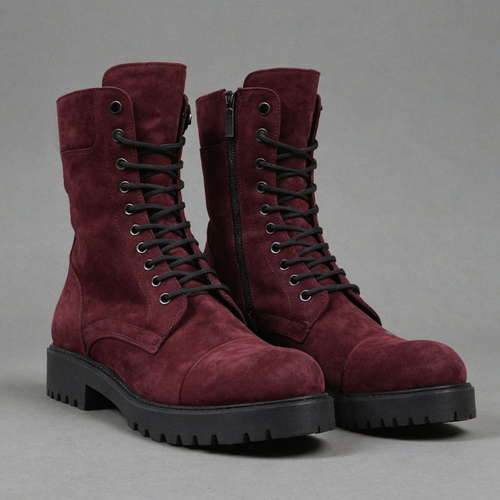 Maroon Suede Leather Oriella Lace Up Chunky Derby Boots with Zipper and Track Sole - AW24 - Hiking and Trekking Boots