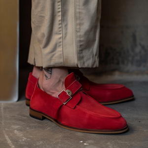 Red Suede Leather Pancrazio Slip-On Monk Straps