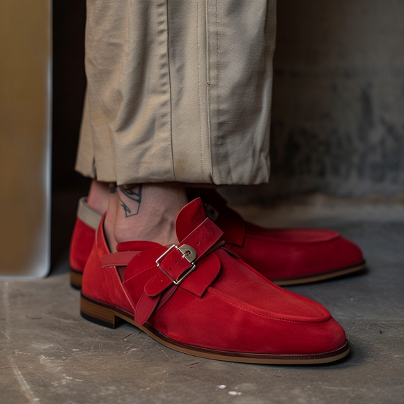 Red Suede Leather Pancrazio Slip-On Monk Straps