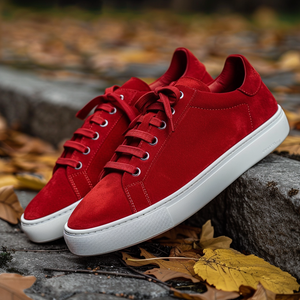 Red Suede Leather Raffaele Lace-Up With White Sole Sneakers