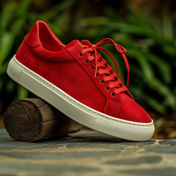 Red Suede Leather Raimondo Lace-Up With White Sole Sneakers