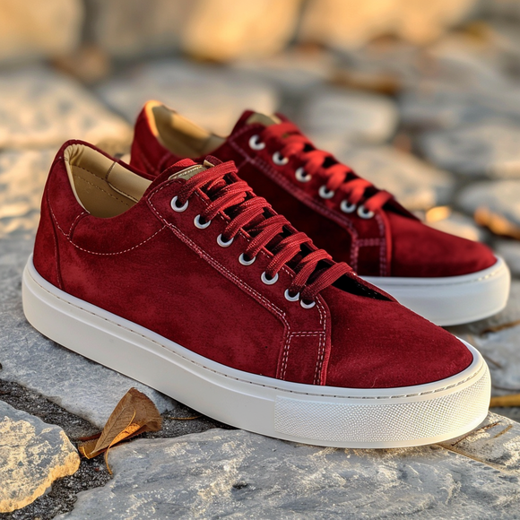 Red Suede Leather Raniero Lace-Up With White Sole Sneakers