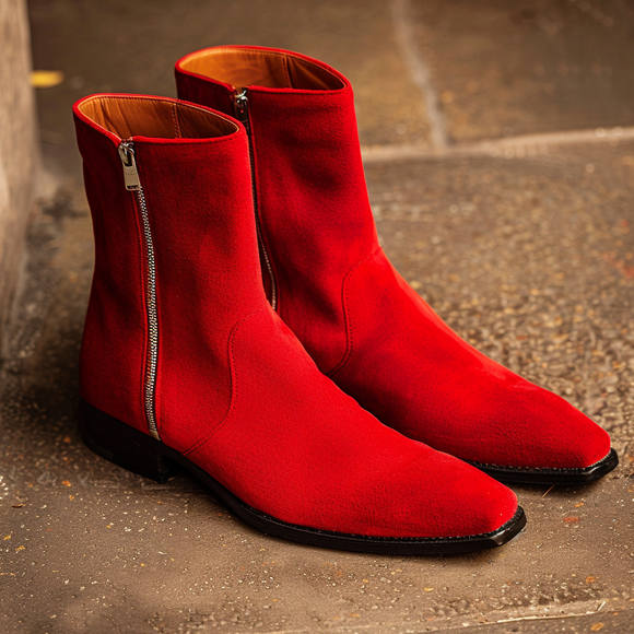 Red Suede Leather Riccardo Slip-on Zipper Boot