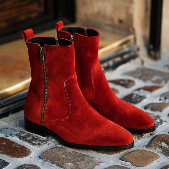 Red Suede Leather Rinaldo Slip-on Zipper Boot