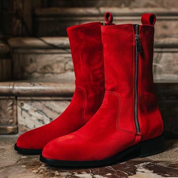 Red Suede Leather Rodolfo Slip-on Zipper Boot