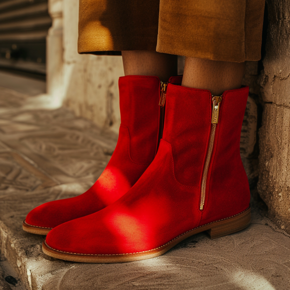 Red Suede Leather Romolo Slip-on Zipper Boot