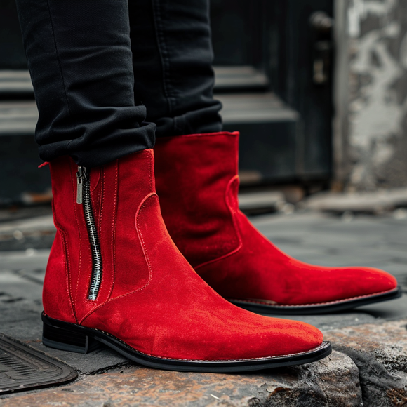 Red Suede Leather Salvatore Slip-on Zipper Boot