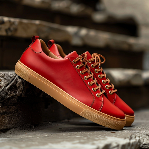 Red Leather Rosario Lace-Up Sneakers With Honey Colour Sole