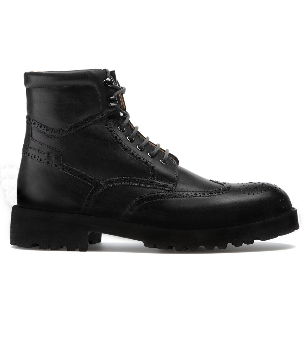 Luxury Edition - Artisian Made Height Increasing Black Italian Leather Troyes Chunky Derby Boots