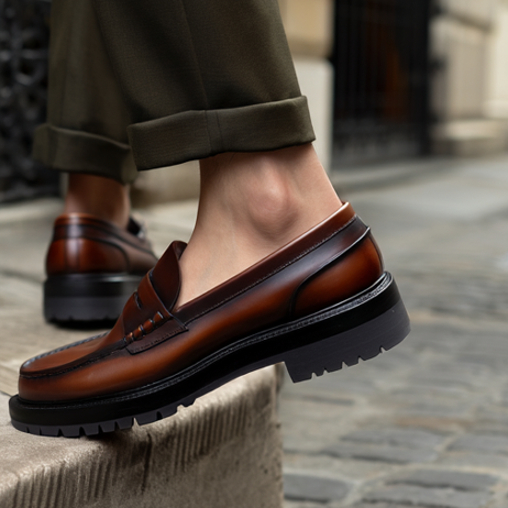 Brown Leather Prestige Penny Loafers with Chunky Sole - SS23  Casual Shoes Collection