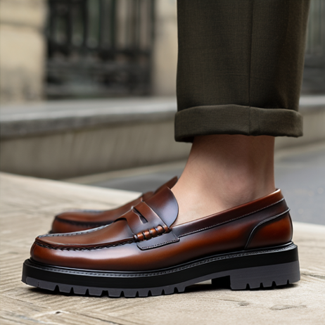Brown Leather Prestige Penny Loafers with Chunky Sole - SS23  Casual Shoes Collection