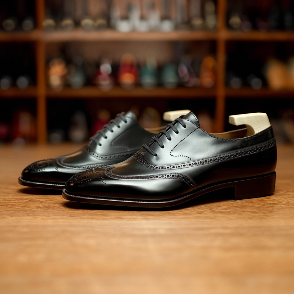 Black Leather Cedara Brogue Wingtip Oxfords Formal Shoes
