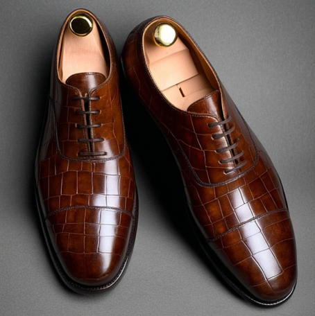 Brown Croc Print Leather Woodford Balmoral Toe Cap Oxfords - Formal Shoes